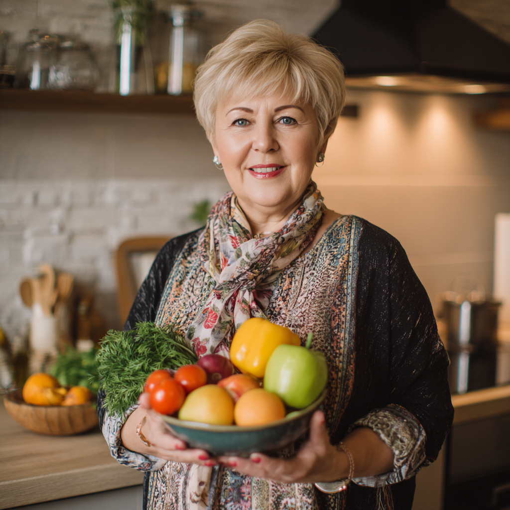 Усмихната българска жена на средна възраст приготвя здравословна храна в модерна кухня, заобиколена от пресни зеленчуци и плодове