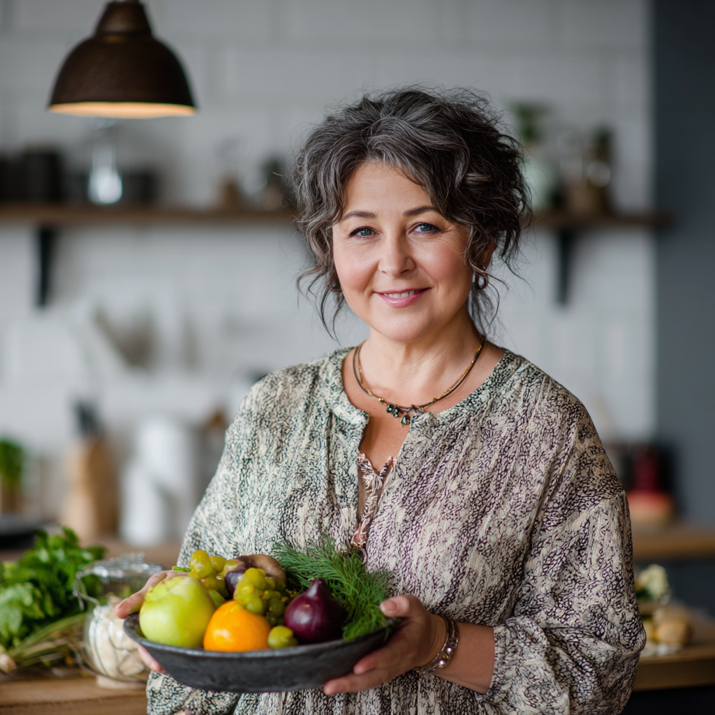 Българска семейка от три поколения - баба, майка и дъщеря - готвят заедно здравословно ястие с много зеленчуци и се усмихват